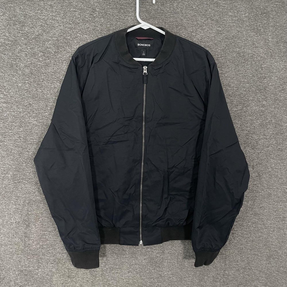 Bonobos Jacket Mens Large Black Bomber Full Zip Lightweight Lined Cotton Nylon